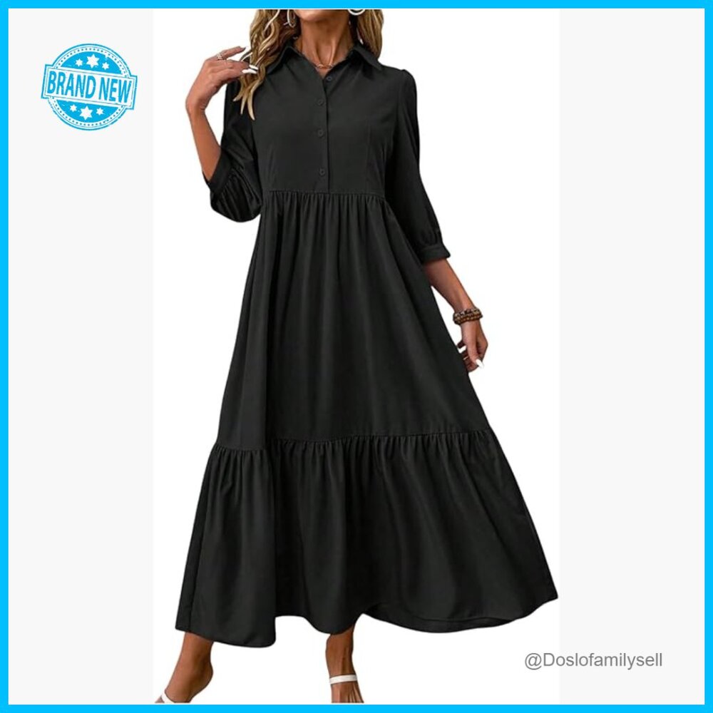 Boho Flowy Collared 3/4 Sleeve Button Down Tiered Ruffle Maxi Dress